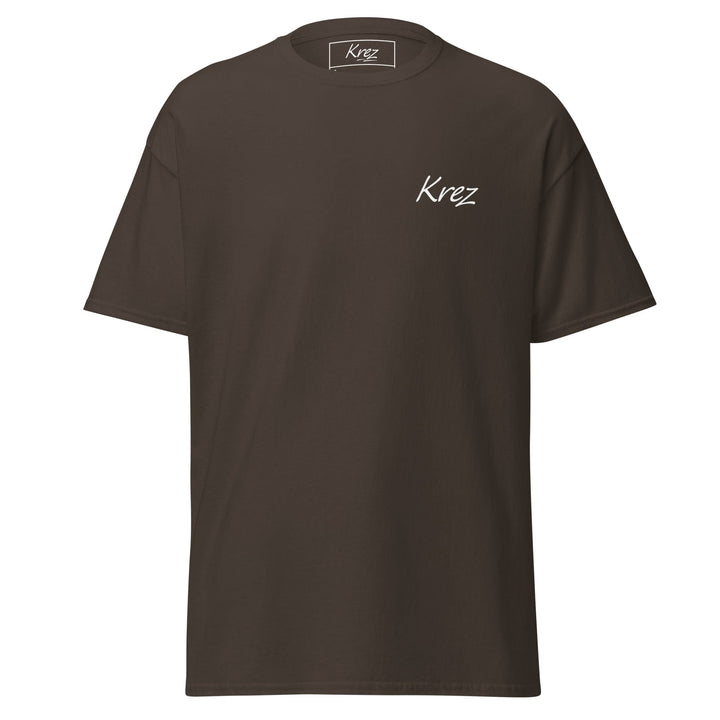 Brown Krez T-shirt with white embroidered logo on left chest