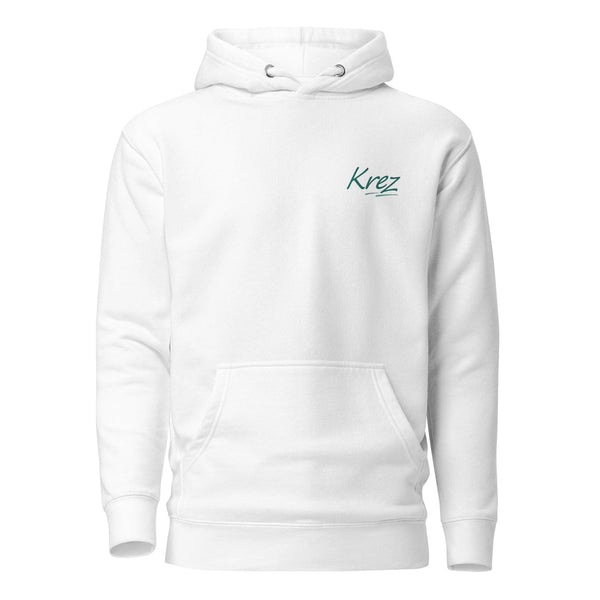 White Krez Basic Hoodie With green embroidered krez logo